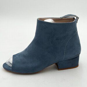Blue Comfort Block Low Heels Ankle Bootie Peep Toe Back Zipper Suede Flats